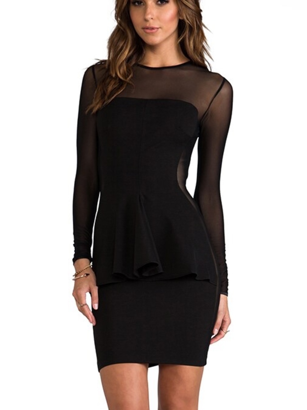 Torn by Ronny Kobo Black Y2K Sheer Long-Sleeve Peplum Dress Medium Like New